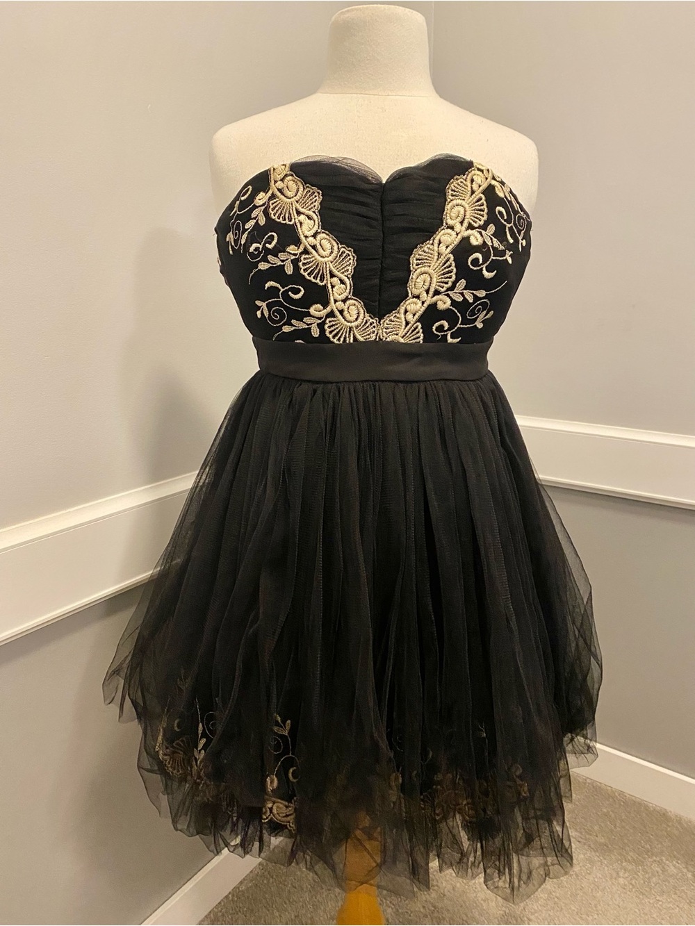 Strapless Black & Gold Embroidered Tulle Cocktail Dress